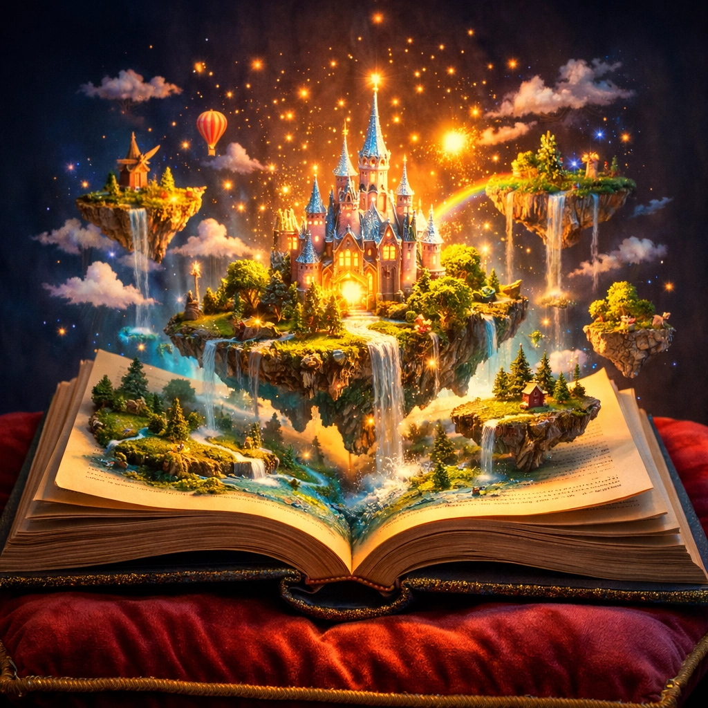 A glowing miniature fantasy world rising from an open book, symbolizing the power of storytelling.