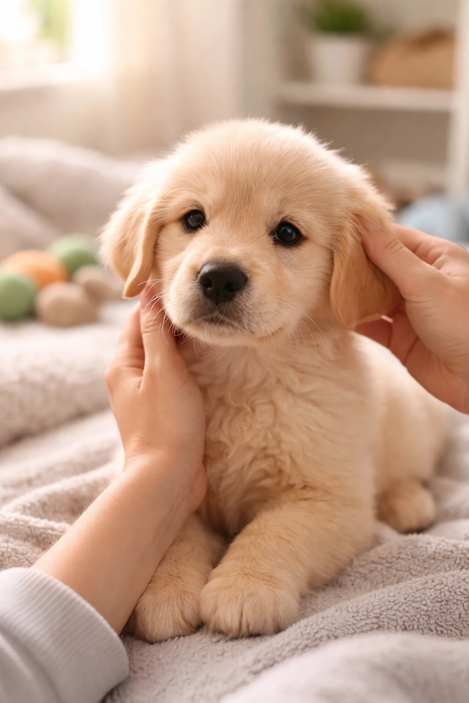 Golden Retriever puppy being gently handled during early socialization, emphasizing compassionate care and training for emotional support roles.