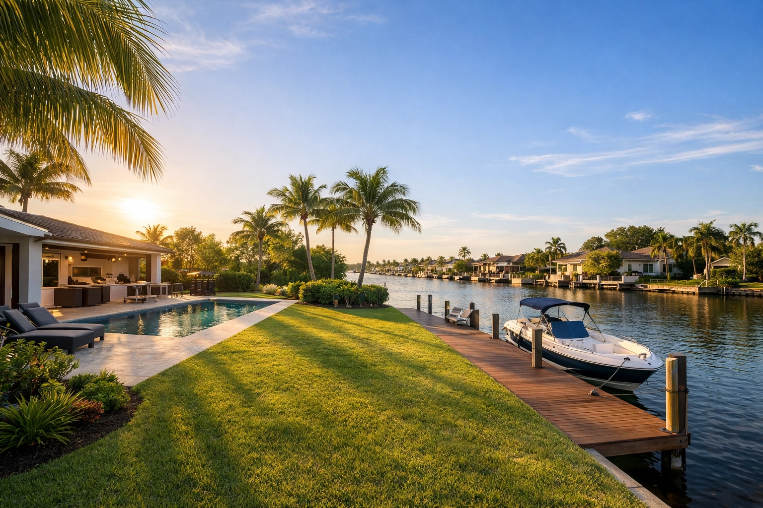 Spacious Cape Coral waterfront property featuring pool, outdoor kitchen, and private boat dock