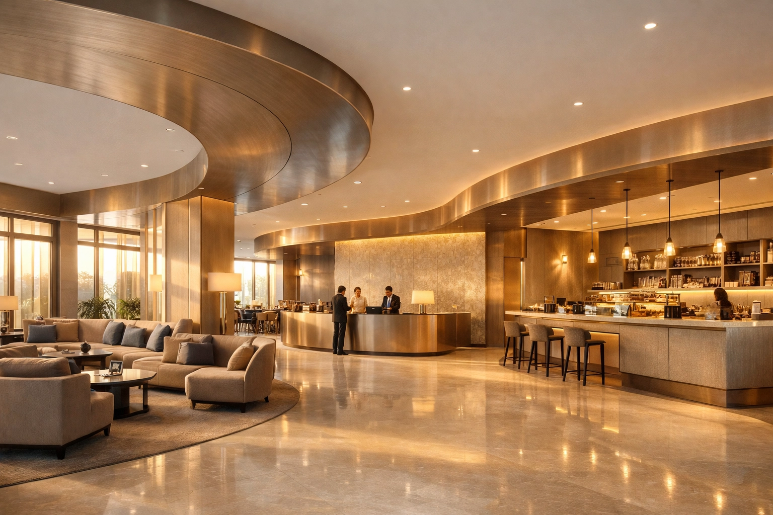 Modern hotel lobby design highlighting seamless guest flow and operational connectivity.