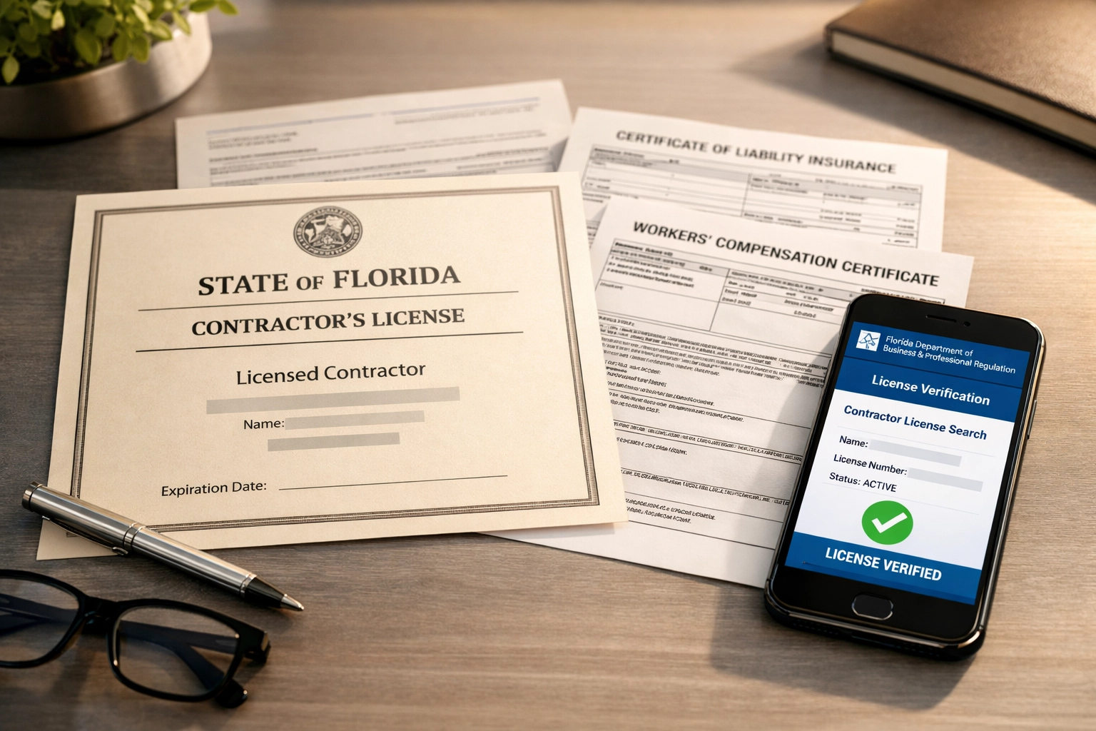 Florida contractor licensing documents and insurance certificates being verified online