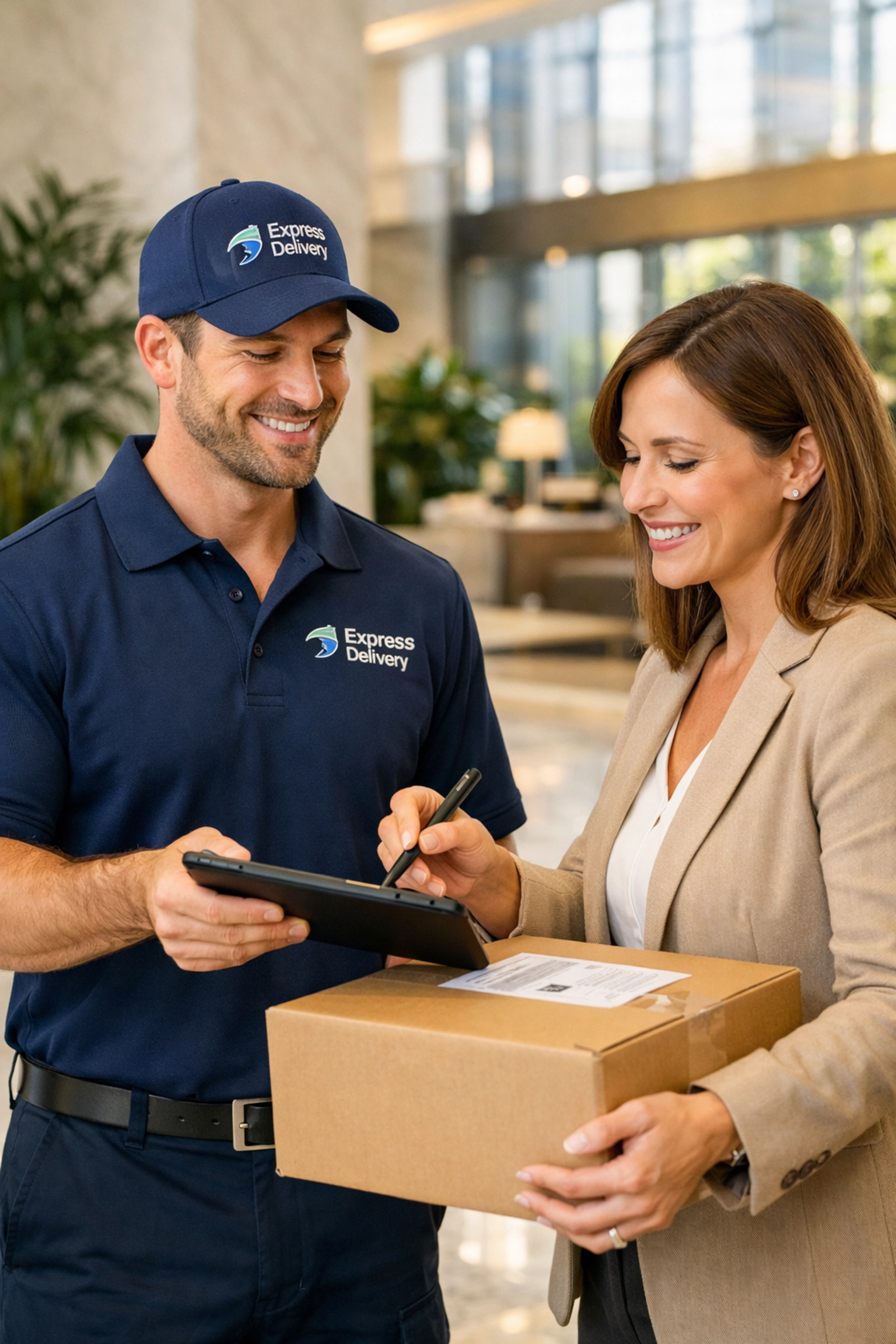 Secure courier services professional delivering a package in a modern office lobby for business.