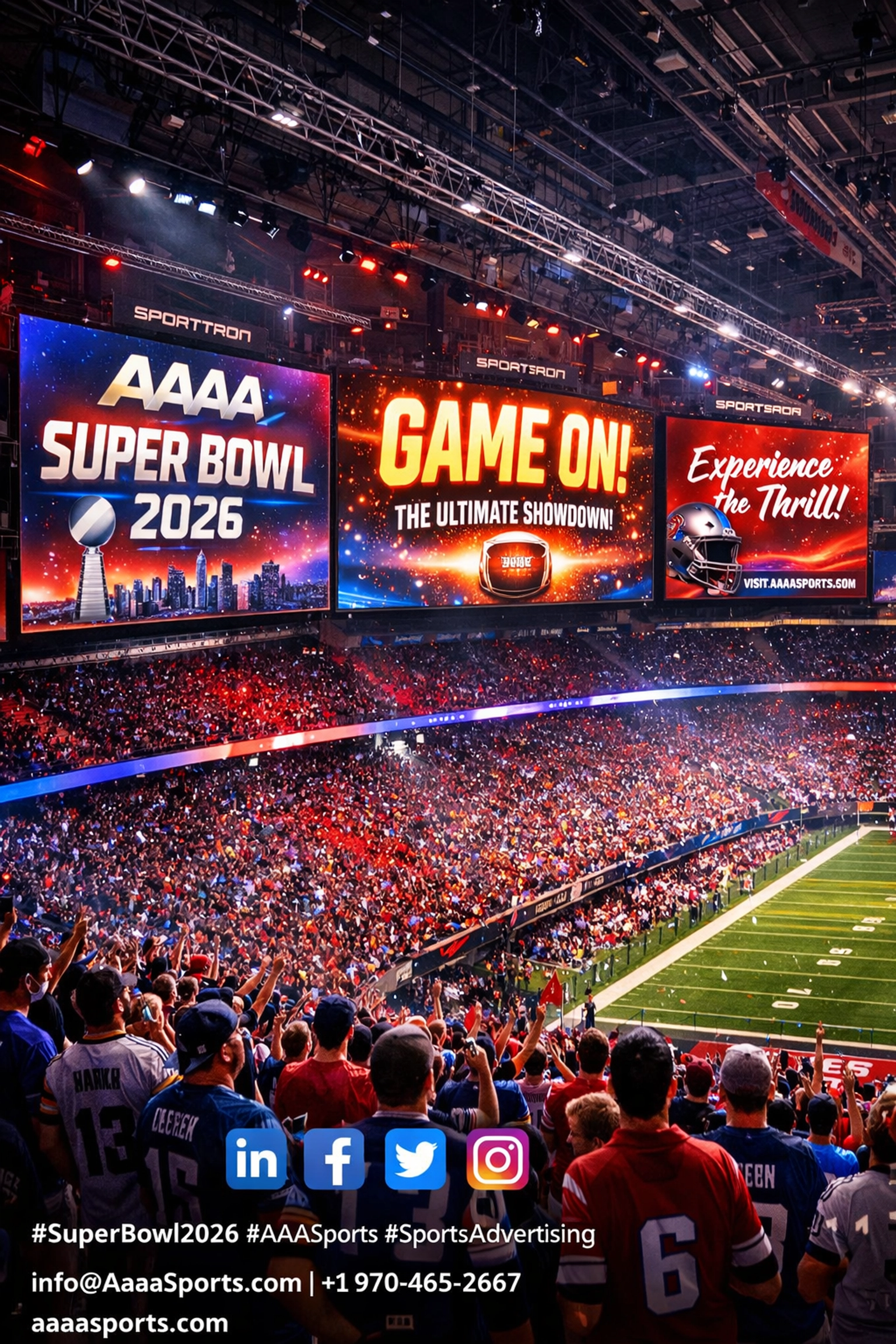 Sports stadium interior with digital advertising displays and Super Bowl fans