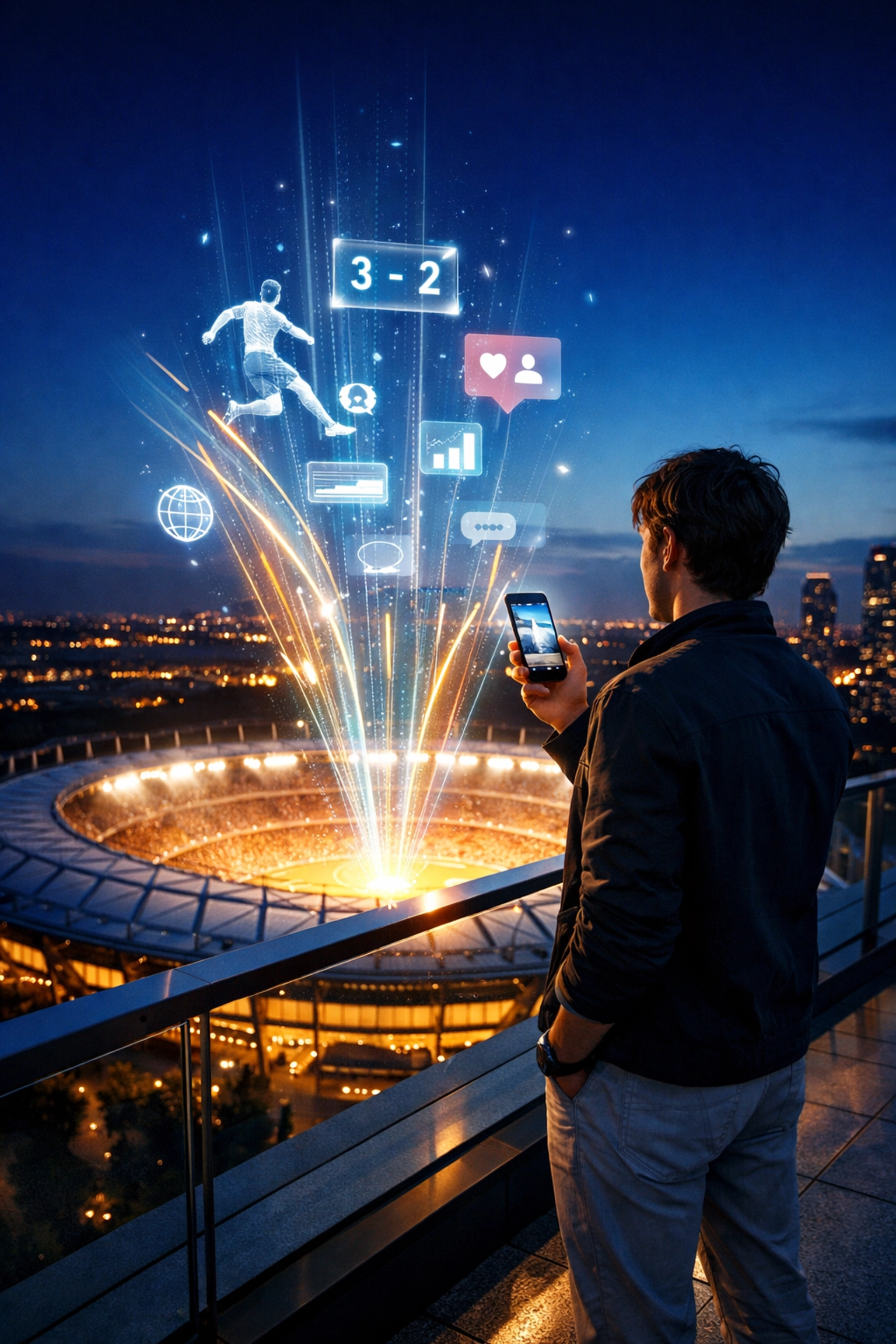 A person uses a mobile device for interactive fan engagement overlooking a professional sports stadium.