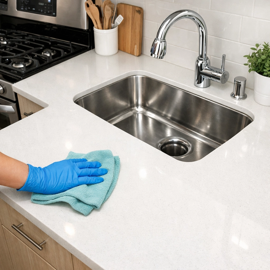 Clean apartment kitchen with professional cleaner wiping countertops during turnover