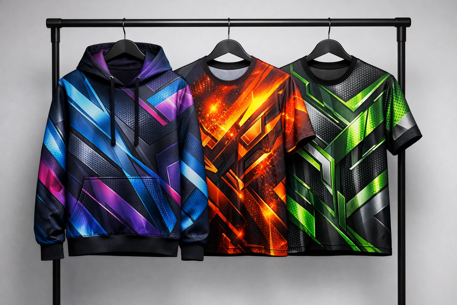 Custom apparel printing including all over print hoodies and shirts with no minimum order.