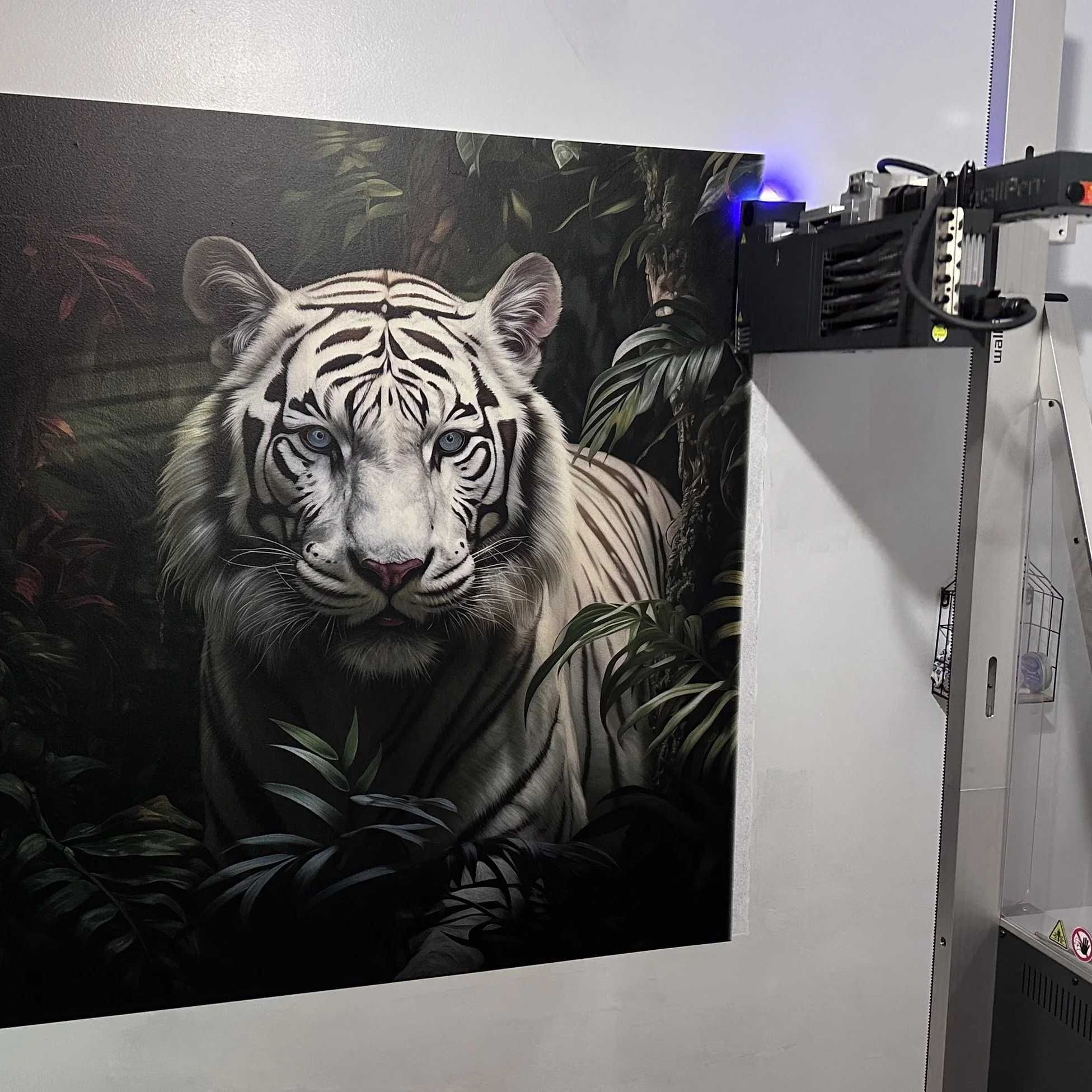 Ultra-high-resolution mural of a white tiger in a jungle, printed directly onto a smooth interior wall