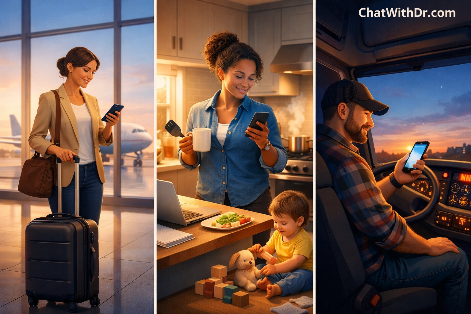 Travelers, parents, and truck drivers using 24/7 online medical chat on smartphones