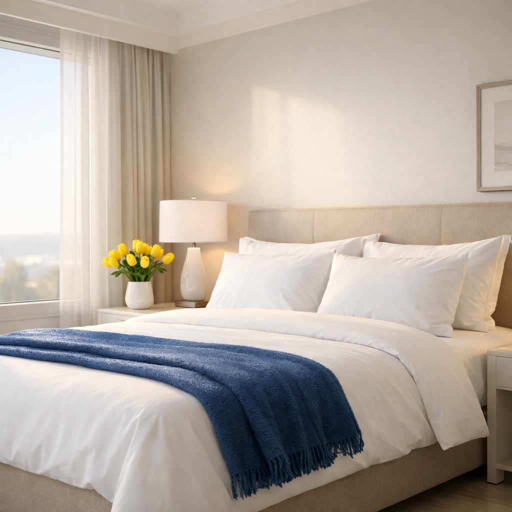 Serene master bedroom after a professional weekly house cleaning in Bedford.