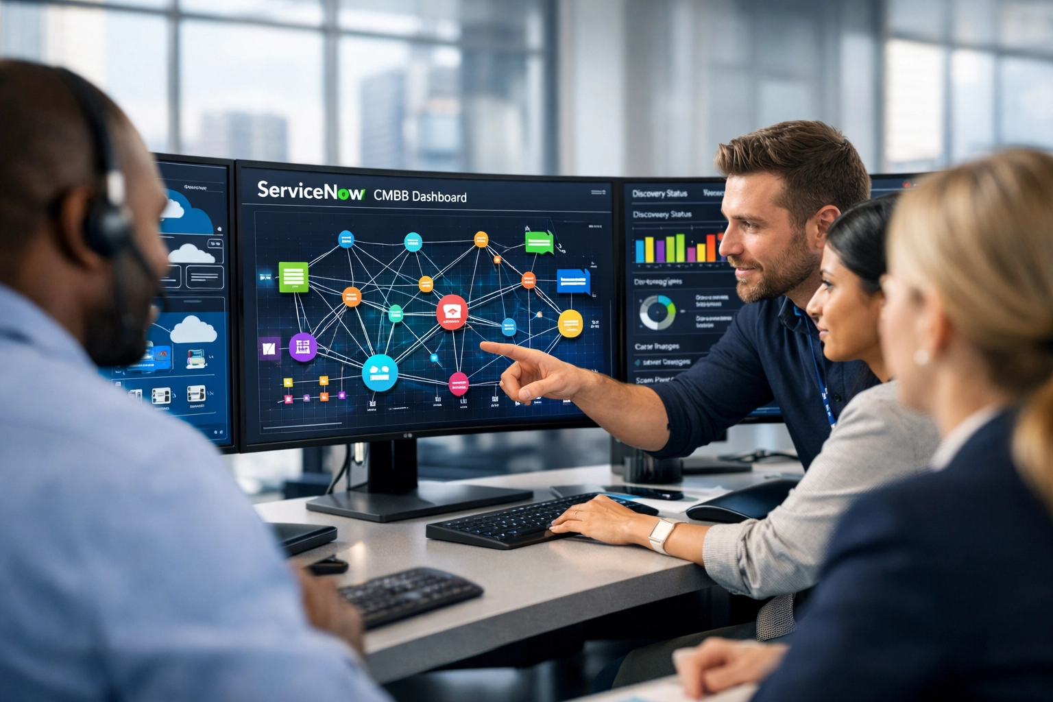 IT operations team monitoring ServiceNow ITOM CMDB dashboard with service mapping and discovery patterns