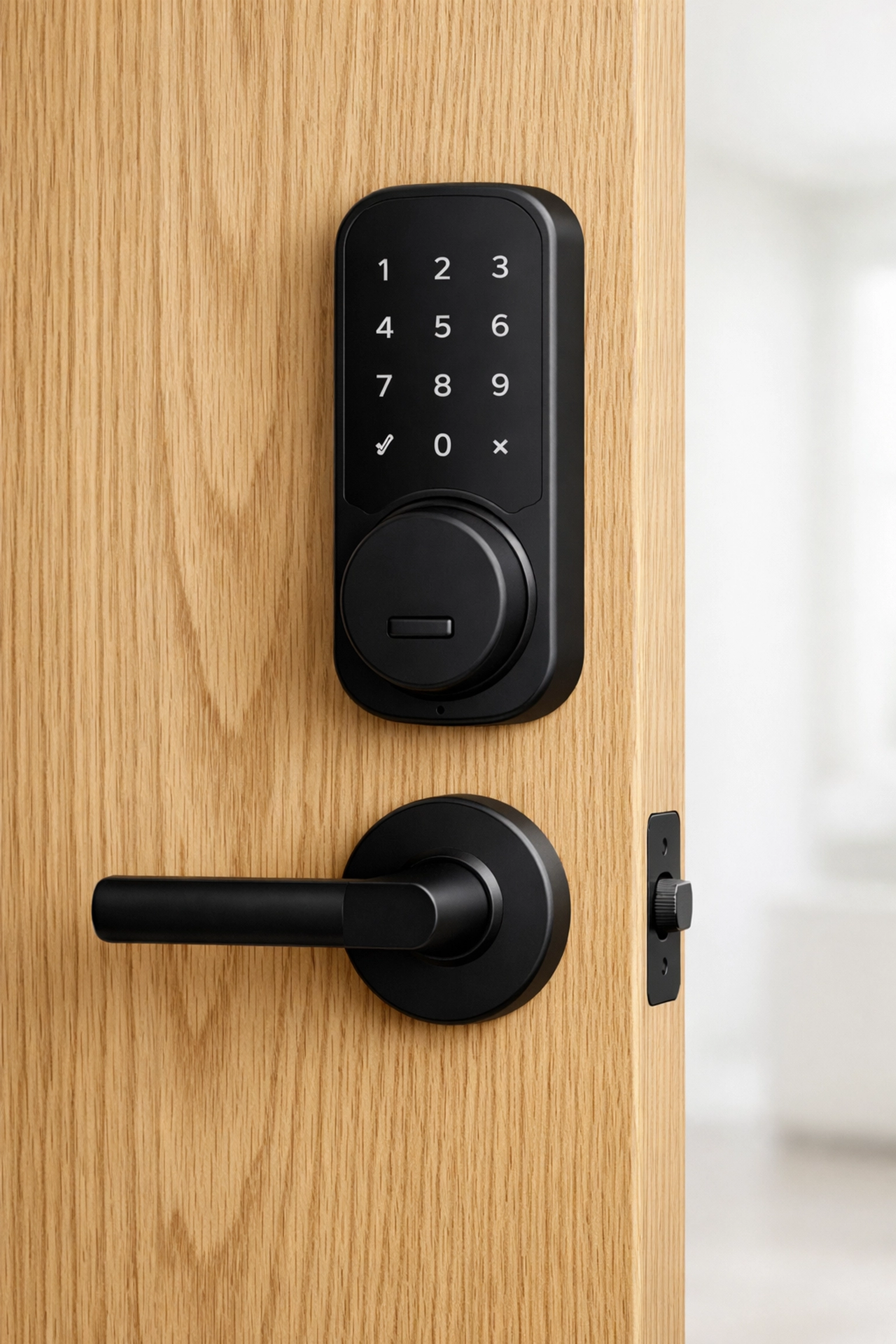Smart lock on a wooden door of a Cleveland mid-term rental, highlighting secure and tech-forward property management.