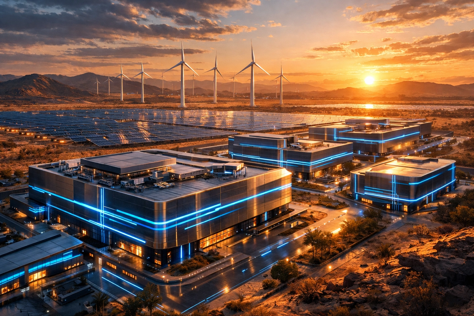 Futuristic AI data center powered by renewable energy supporting startup news india infrastructure.