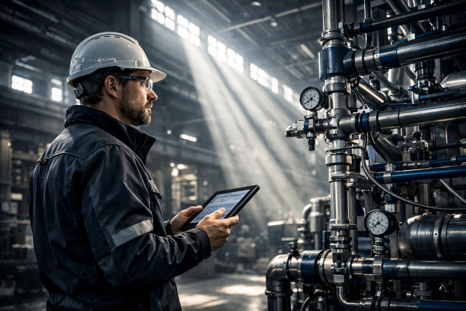 Expert engineer conducting industrial air compressor repairs near me using a digital diagnostic tablet.
