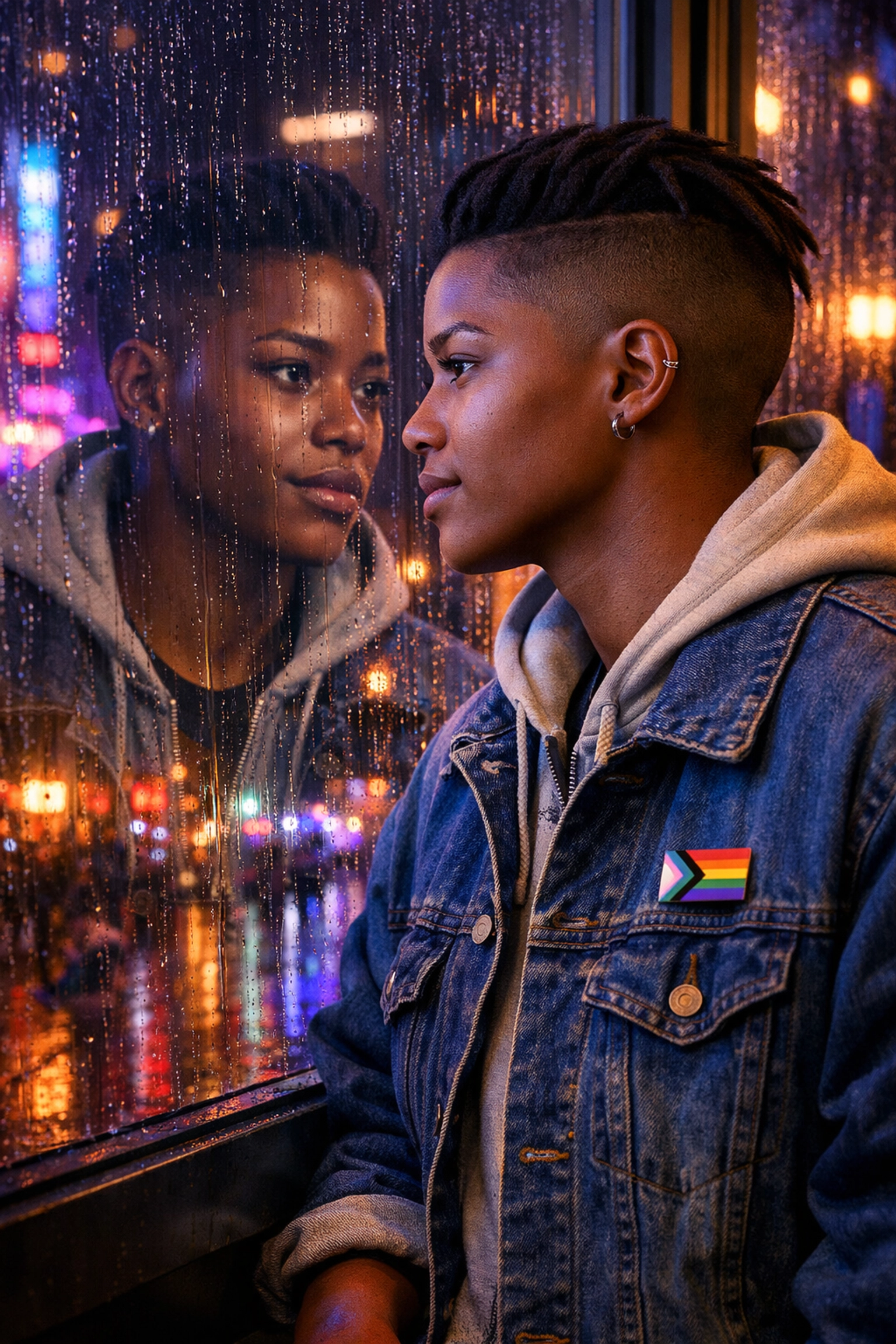 An LGBTQ+ immigrant wearing a Progress Pride pin looks out a city window, reflecting on their journey to find safety.