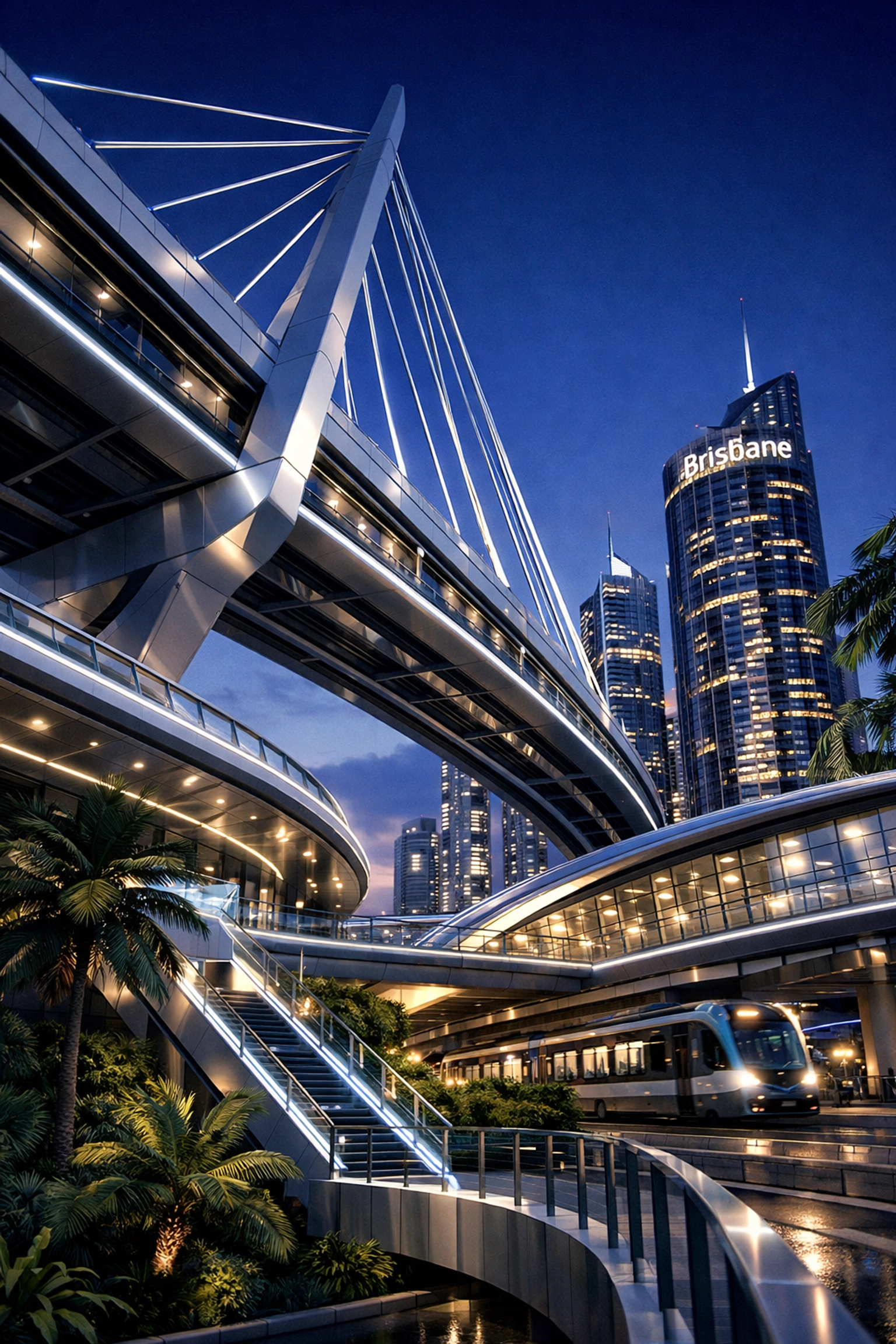 Futuristic Brisbane skyline and infrastructure representing long-term real estate investment potential.