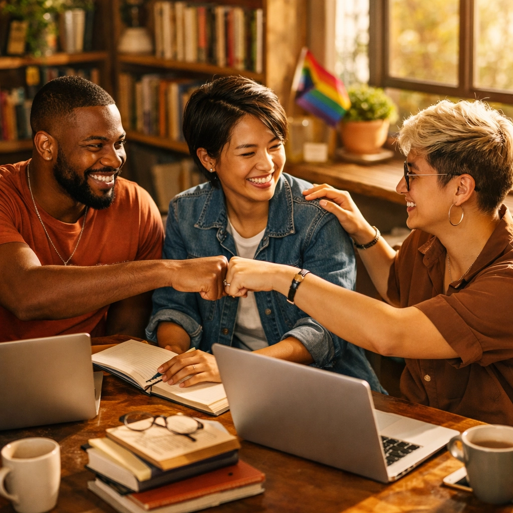 LGBTQ+ authors collaborating in supportive creative community workspace