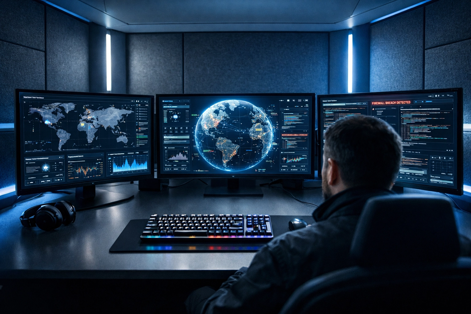 Professional cybersecurity analyst working on data security within a secure, high-tech modular pod environment.