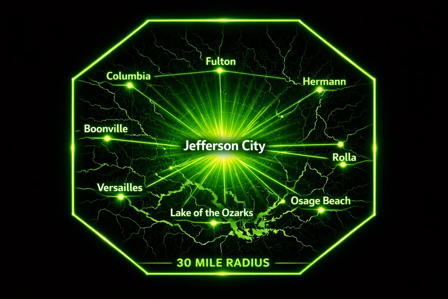 Service area map highlighting Jefferson City and surrounding Central Missouri towns.
