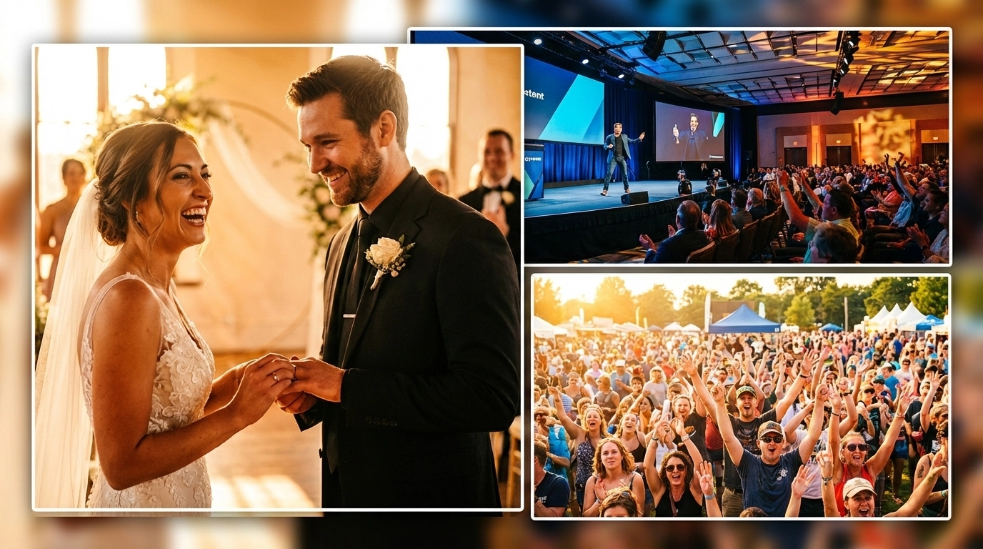 A collage capturing life's joyful moments: a radiant couple exchanges vows at their wedding, a dynamic speaker engages a captivated conference audience, and an enthusiastic crowd enjoys a lively outdoor festival.


