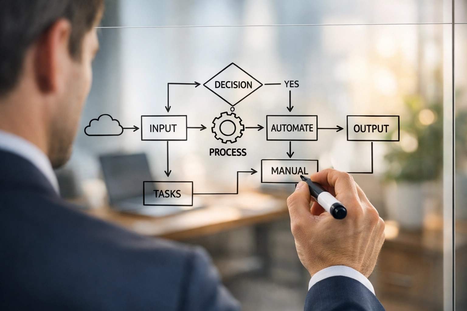 Business founder planning a CRM setup and sales funnel strategy on a clear whiteboard.