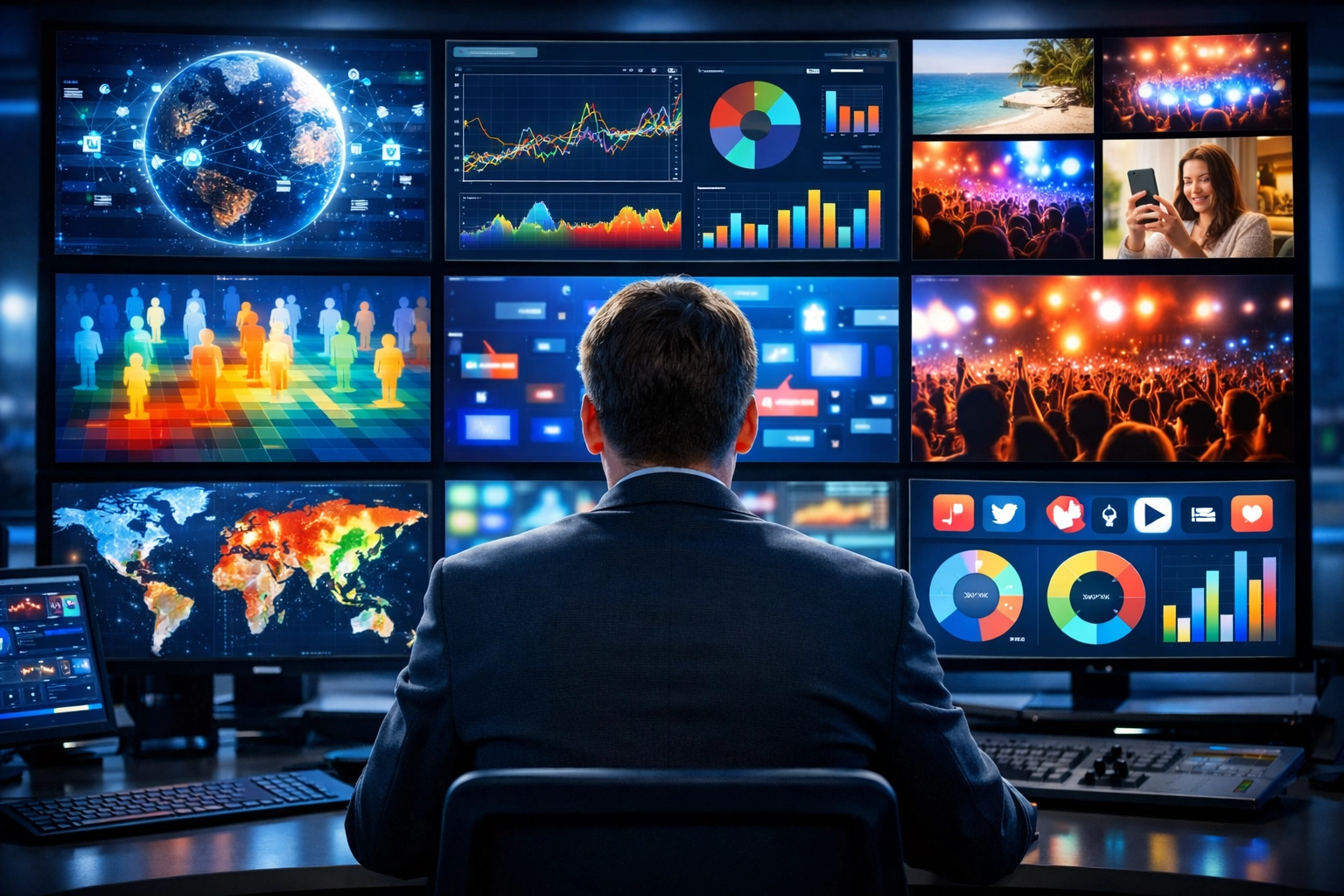 A marketing professional monitoring real-time digital signage data in a high-tech media operations center.