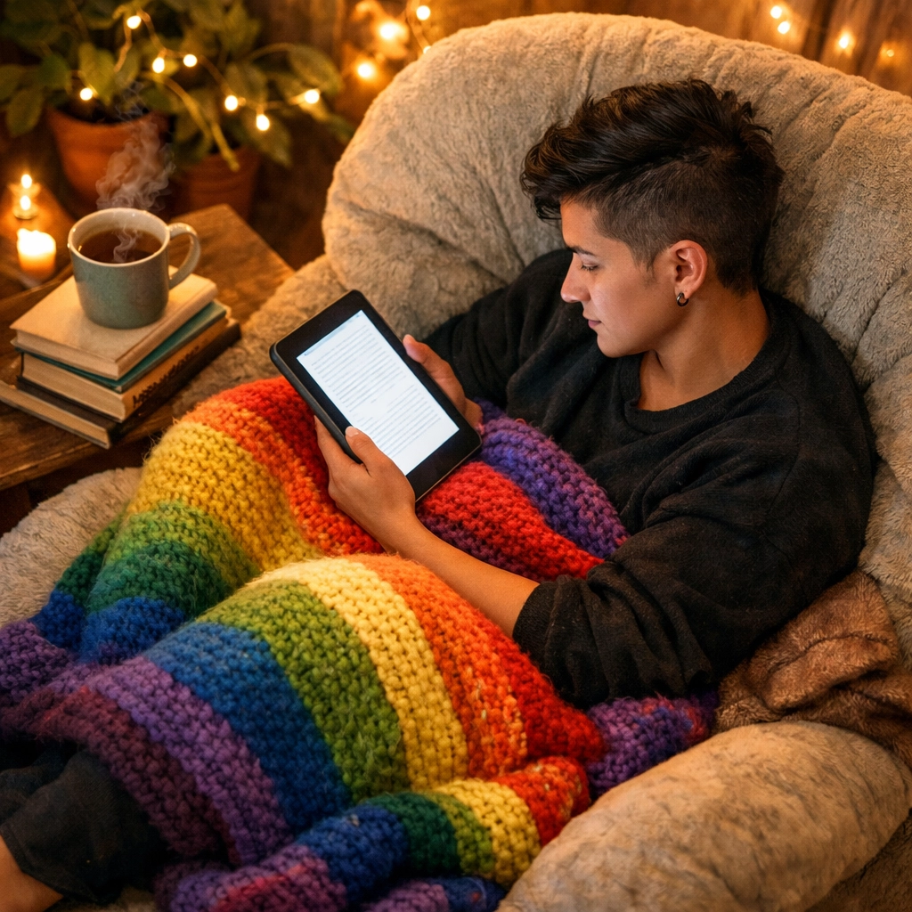 Finding solace in LGBTQ+ books and queer fiction while relaxing at home with a rainbow blanket.