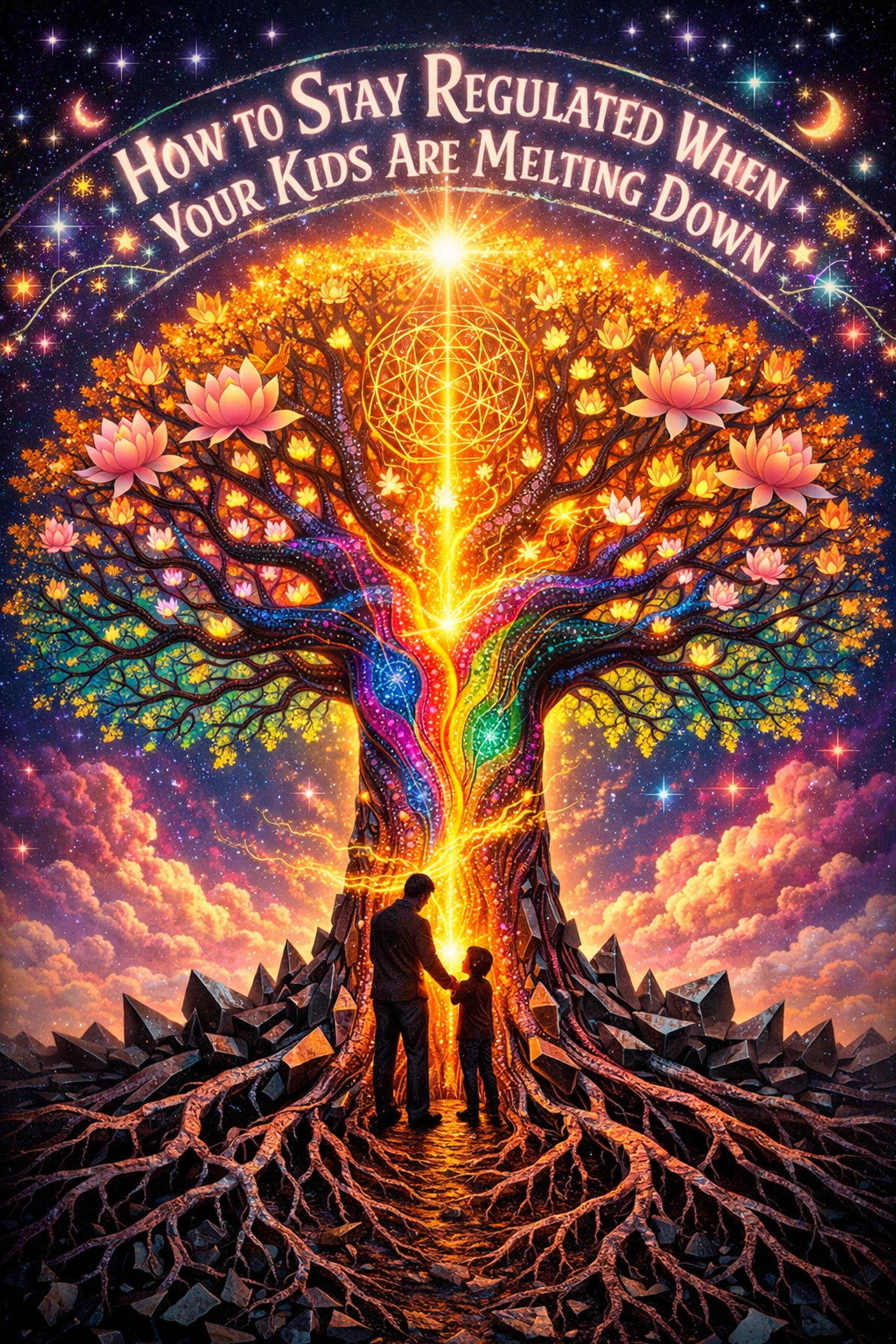 A visionary tree of life showing an adult and child breaking the cycle of generational trauma through healing.
