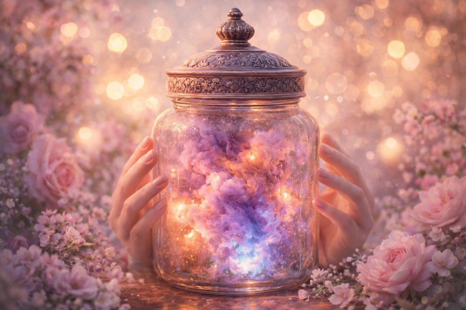 Ornate glass jar trapping vibrant colors, representing the emotional cost of holding it all in.