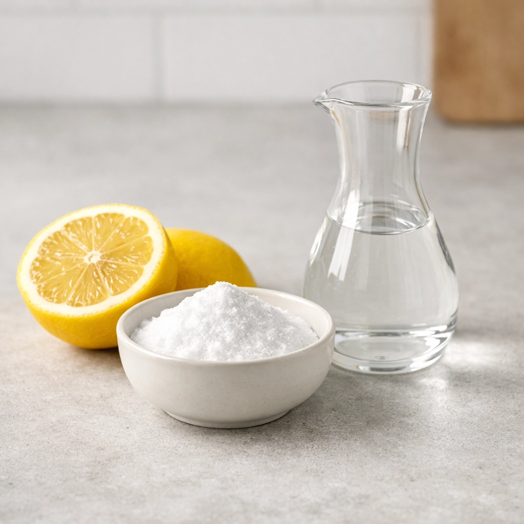 Natural cleaning ingredients including lemon, baking soda, and vinegar on a modern countertop.