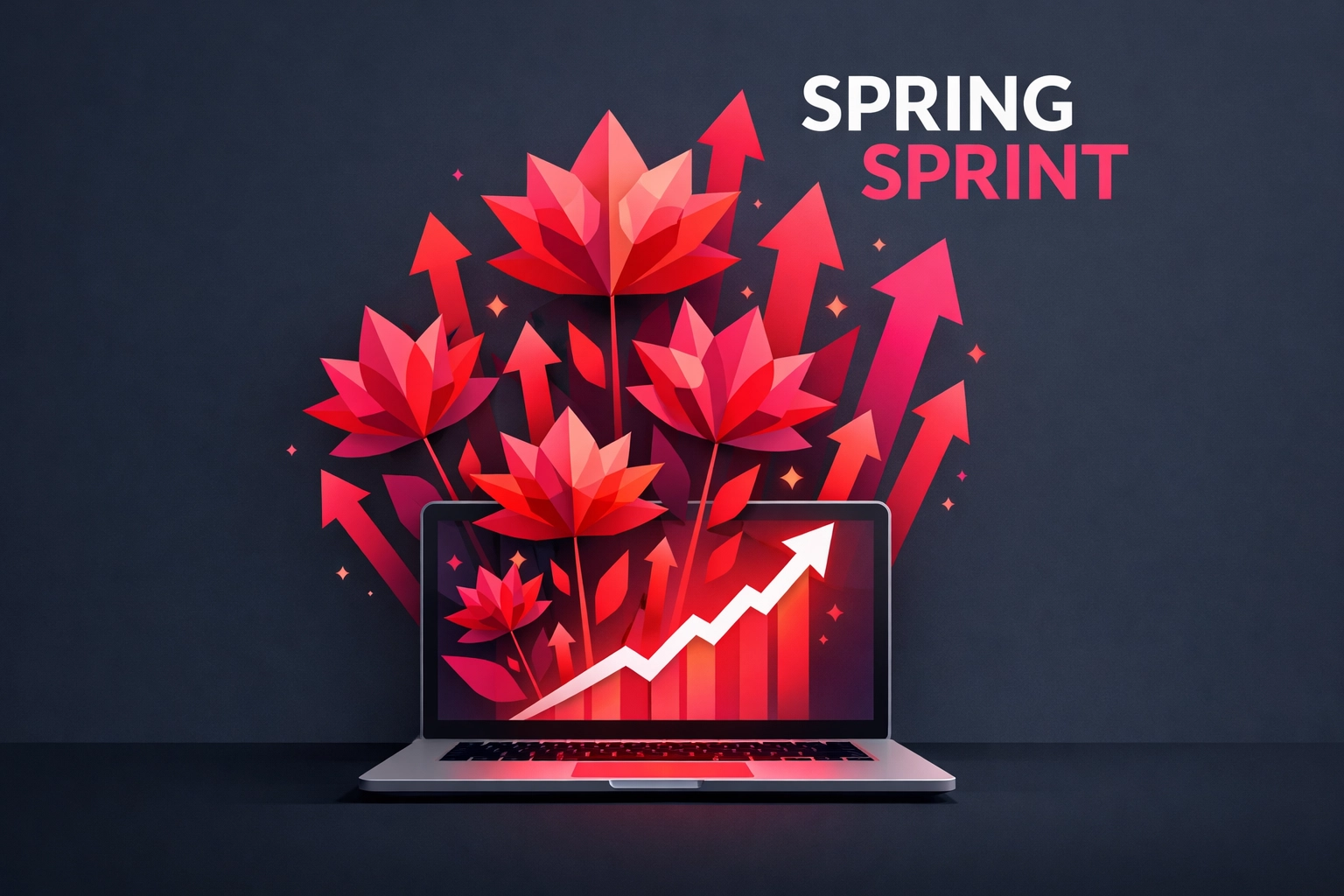Upward arrows and shapes blooming from a laptop to represent business growth and professional web design.