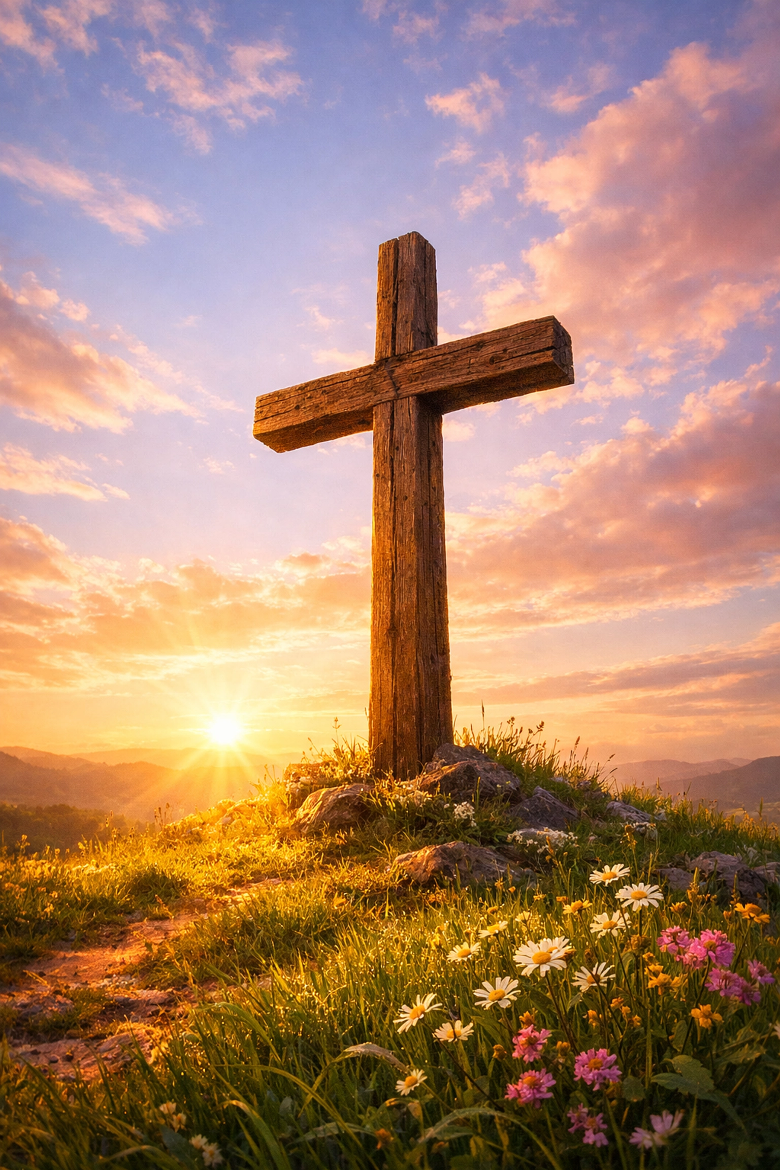 Empty cross at sunrise representing Jesus Christ's victorious sacrifice and resurrection
