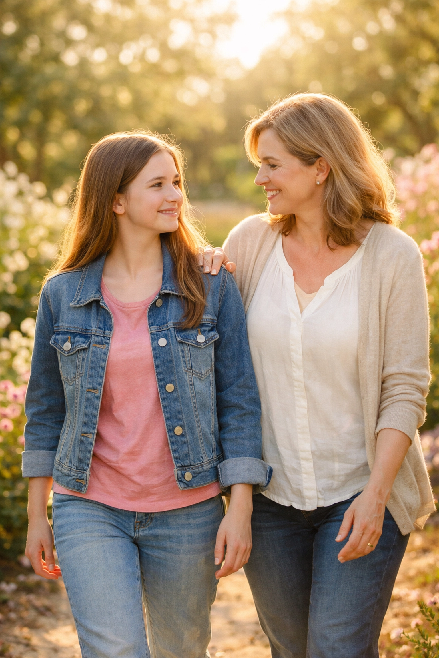 Mother and daughter walking together during family therapy at a teen residential treatment center.