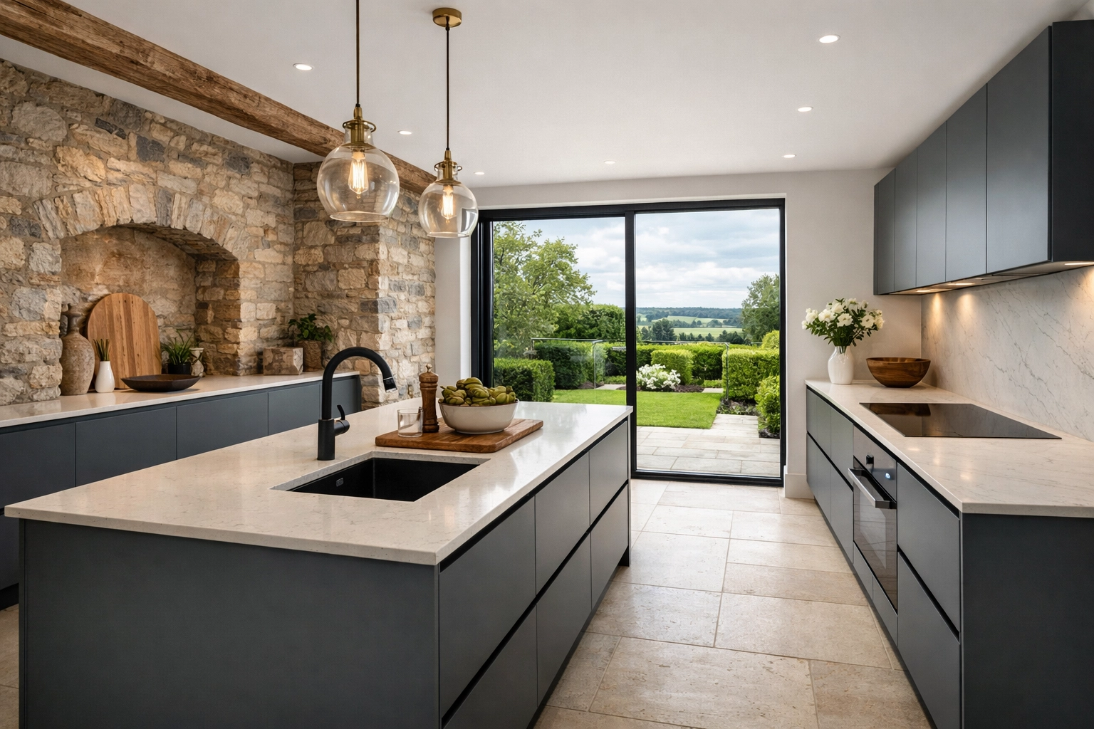 Modern kitchen renovation in Cardiff featuring slate grey cabinetry and traditional stone walls.