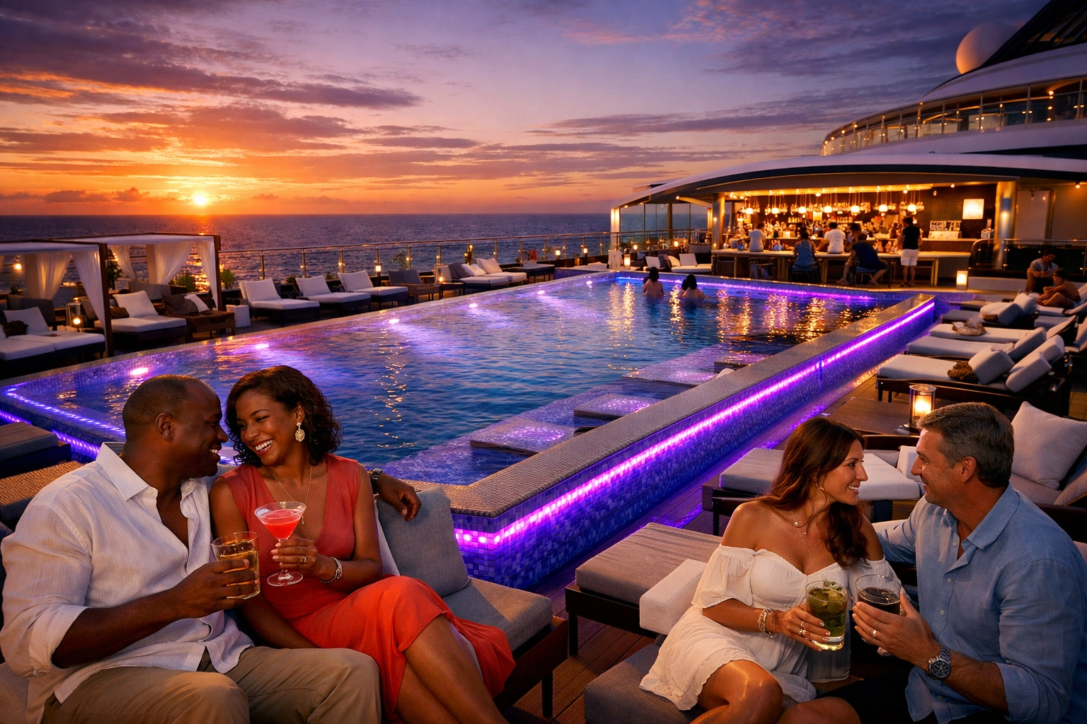 Couples relaxing on adults-only cruise ship pool deck at sunset with ocean views