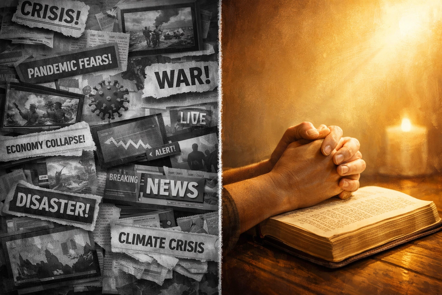 Contrast between chaotic world news headlines and peaceful hands in prayer over Bible