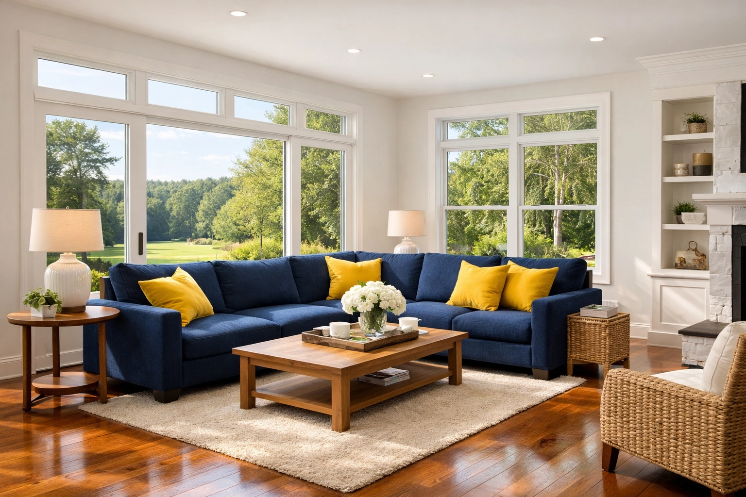Pristine living room in Ashby MA with polished floors after a professional house cleaning service.