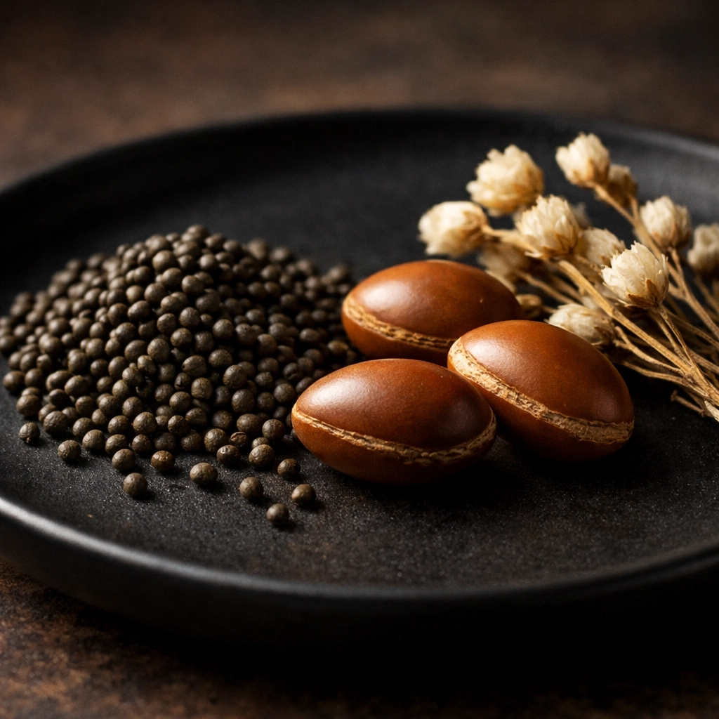 Raw beard oil ingredients like broccoli seeds and argan nuts for natural hair health.