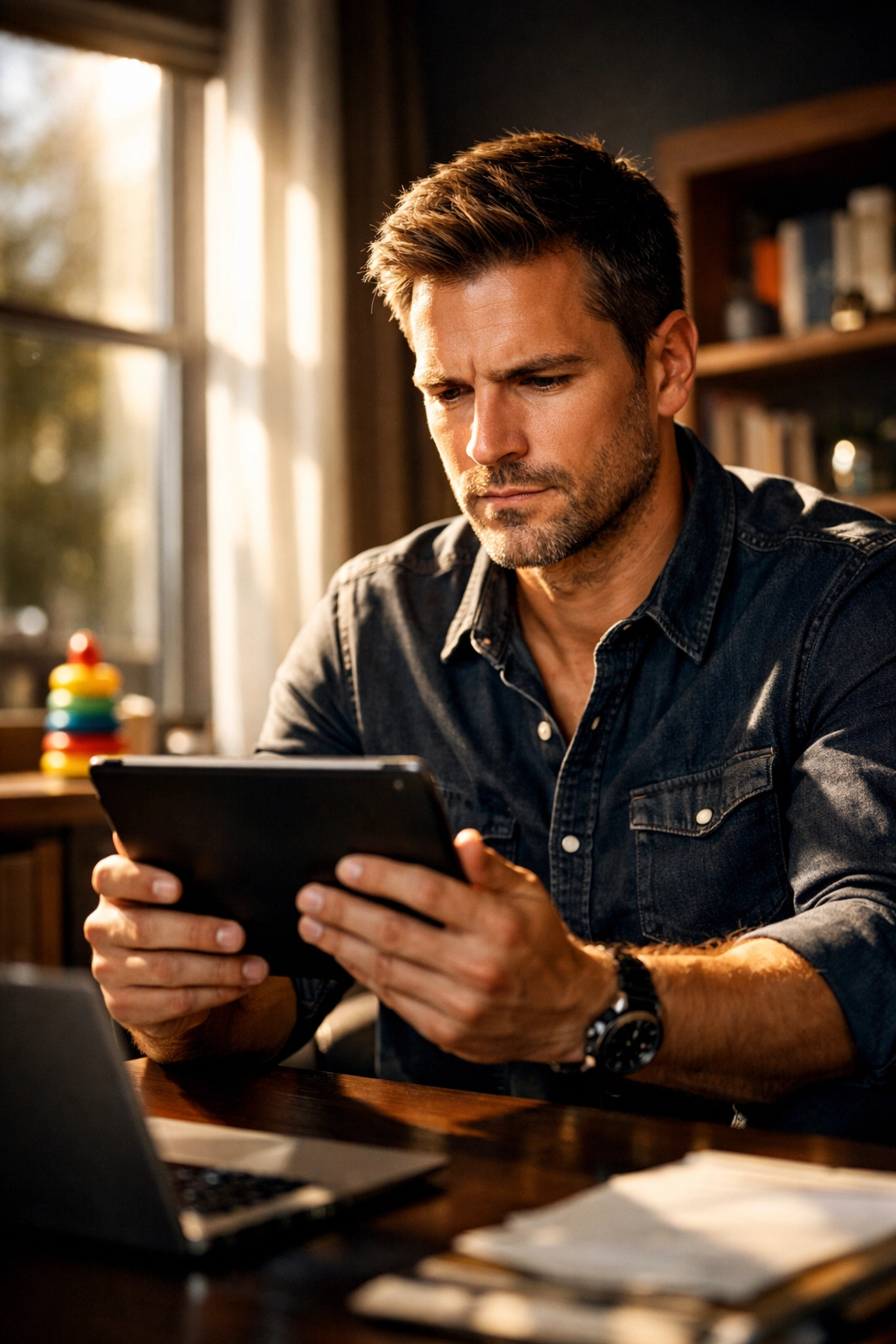 A father researching no-exam life insurance policies on a tablet in his home office.