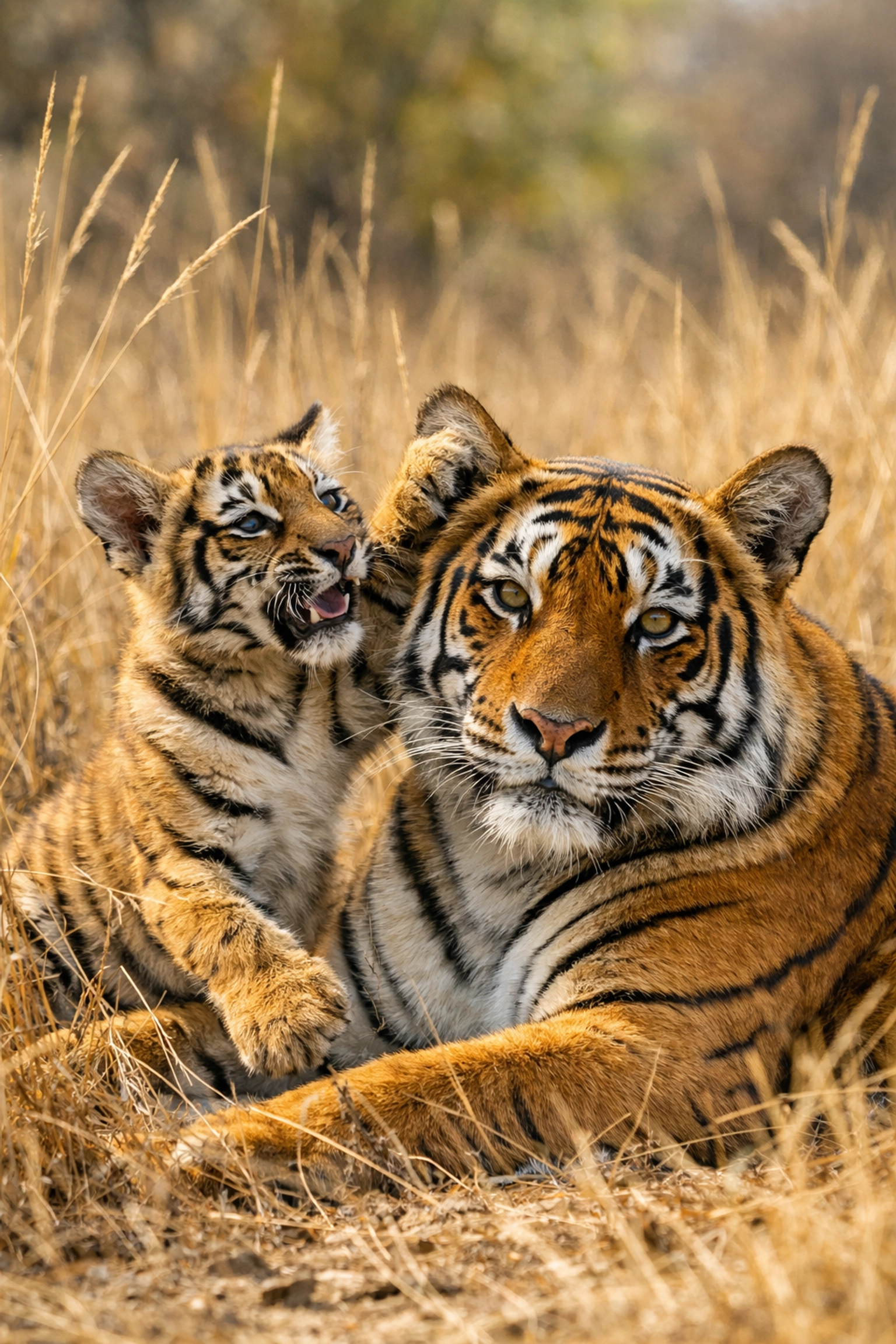 Mother Bengal tiger with playful cub in tall grass, representing breeding success in India.