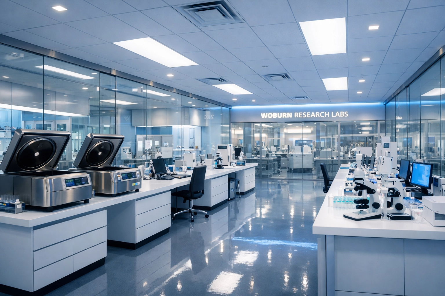 Sterile medical research laboratory in Woburn with clean white workstations and scientific equipment.