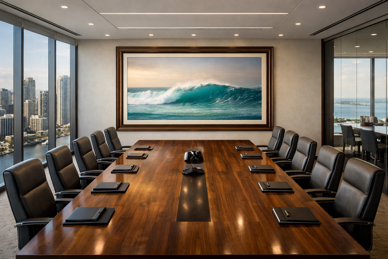 Fine art photography landscape print displayed in a luxury Brickell corporate boardroom.
