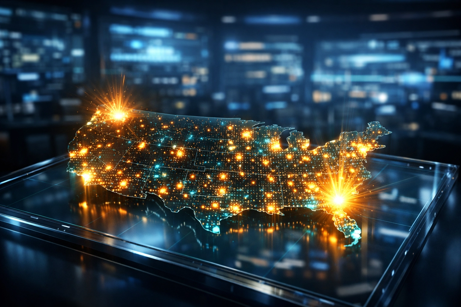 Digital map of USA showing surge in new business registrations across Florida and the Pacific Northwest.