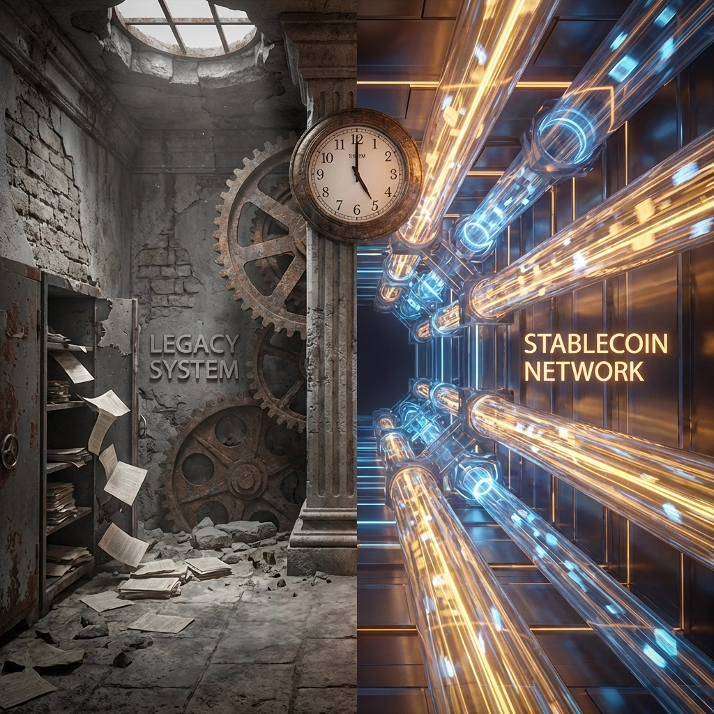 Split image showing the difference between outdated bank systems and modern fast stablecoin transactions.