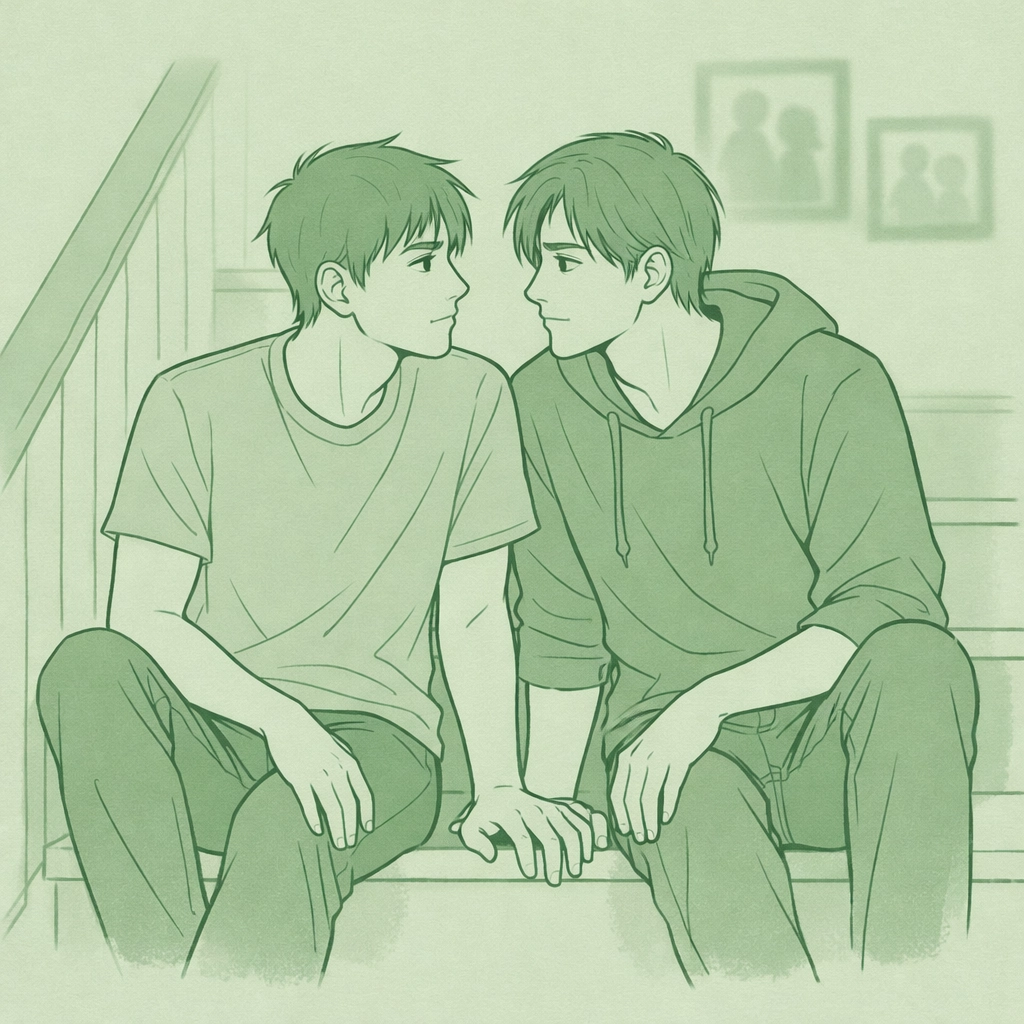 Stepbrothers with forbidden attraction sitting close on staircase in MM romance