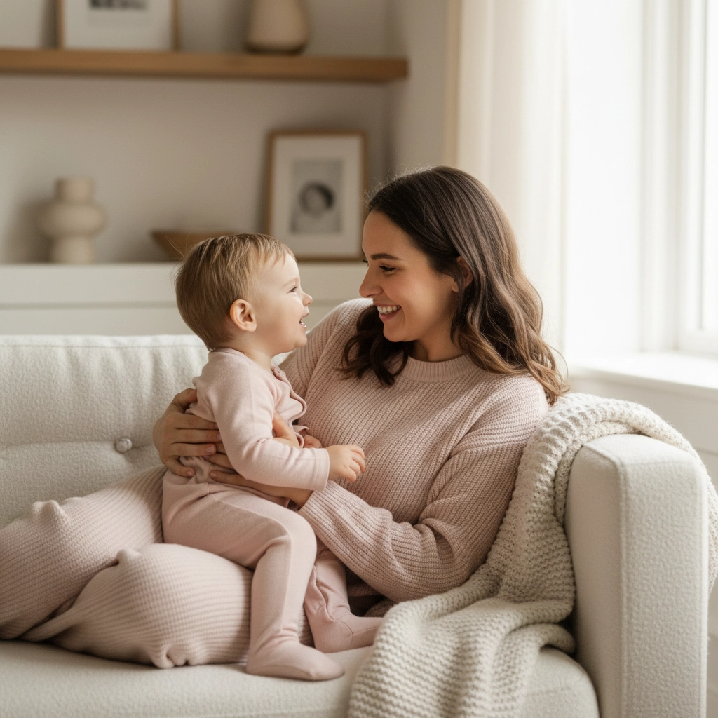 Mother and baby coordinating in soft pastel-colored cotton clothes, showing family fashion trends