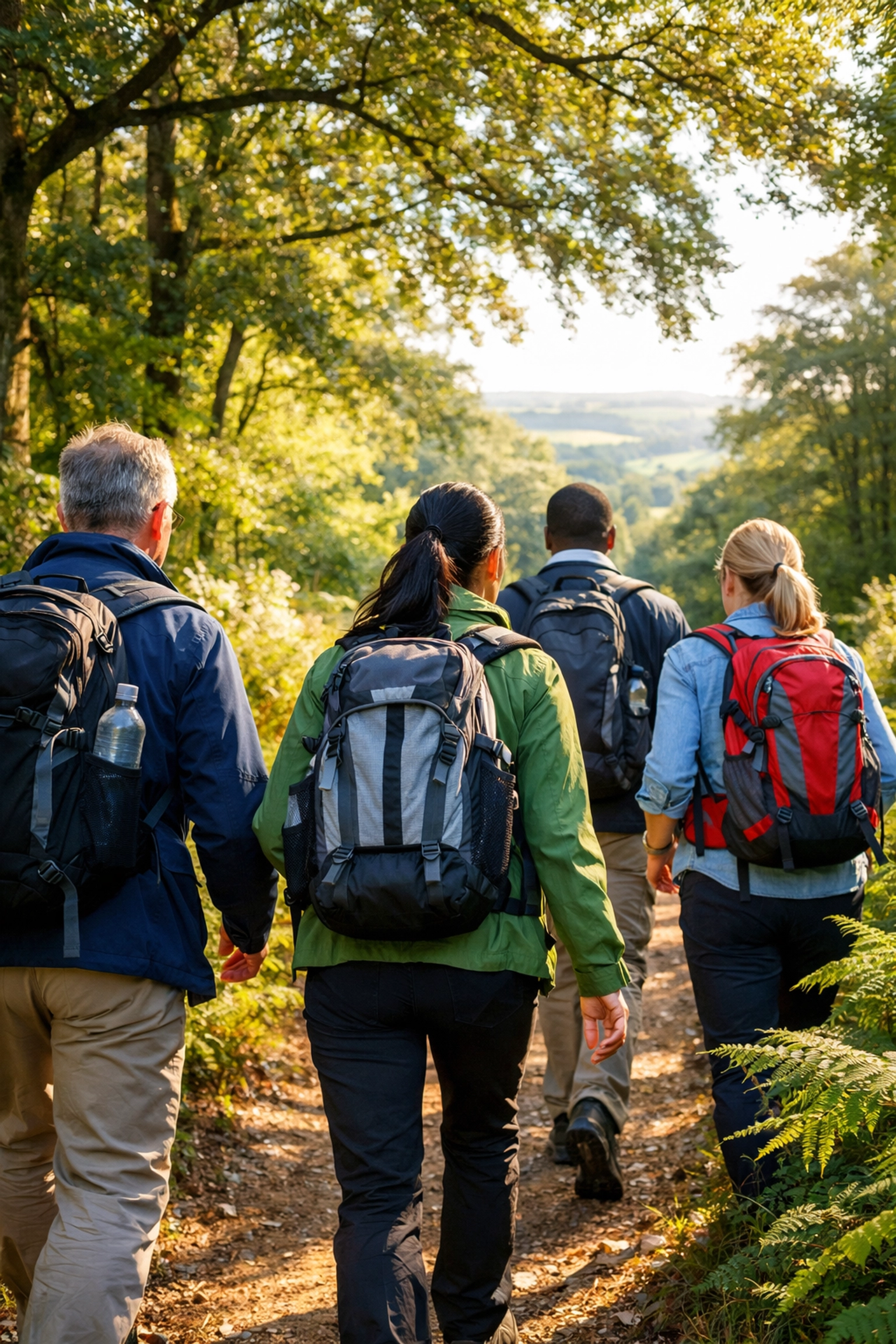 Corporate team hiking through UK countryside on woodland trail during outdoor team building activity