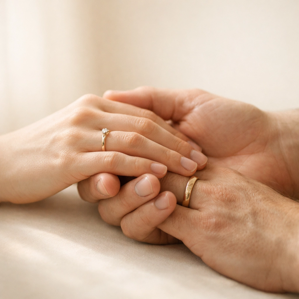 Couple's hands with wedding rings representing marriage triggering estate plan review
