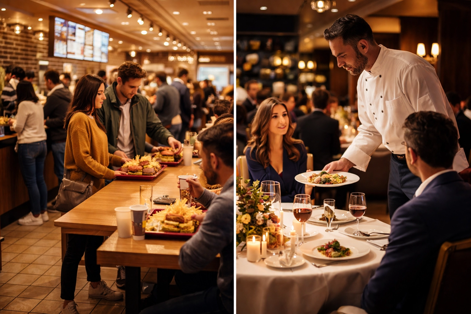 Split view showing fast-casual counter service and fine dining restaurant illustrating the 2026 value barbell concept