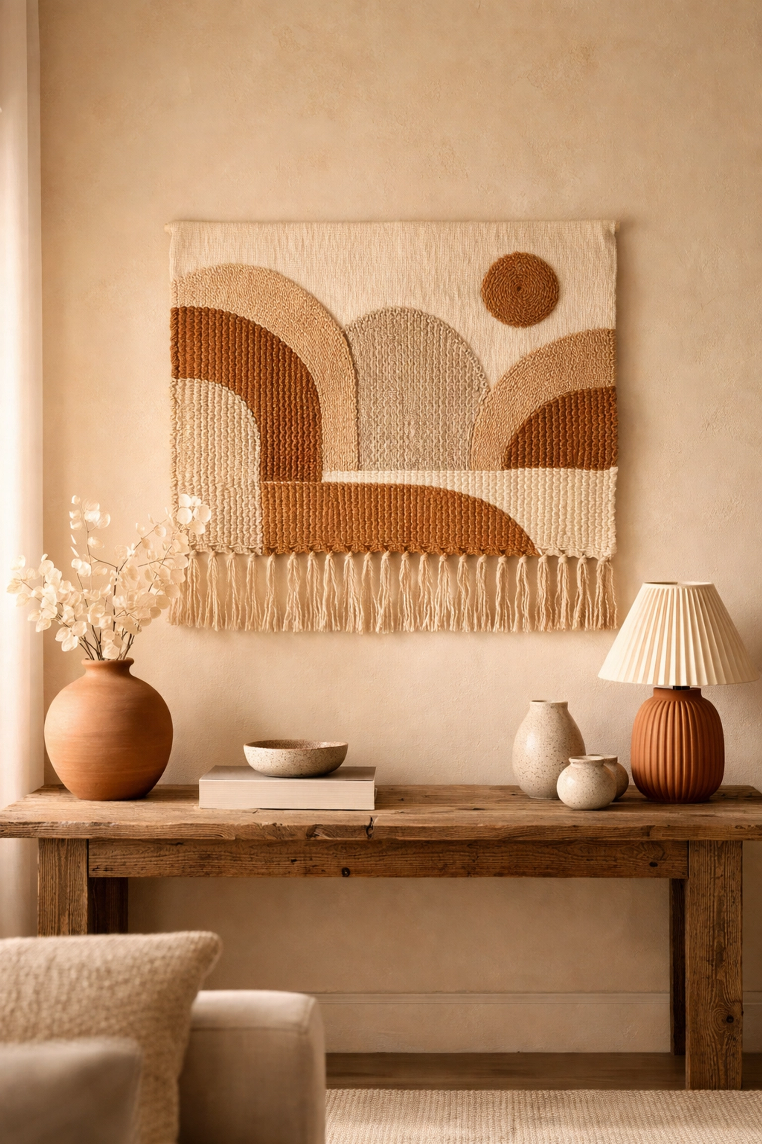 Serene living space with a handwoven wall hanging and color-coordinated ceramics, showcasing artisan decor harmony.