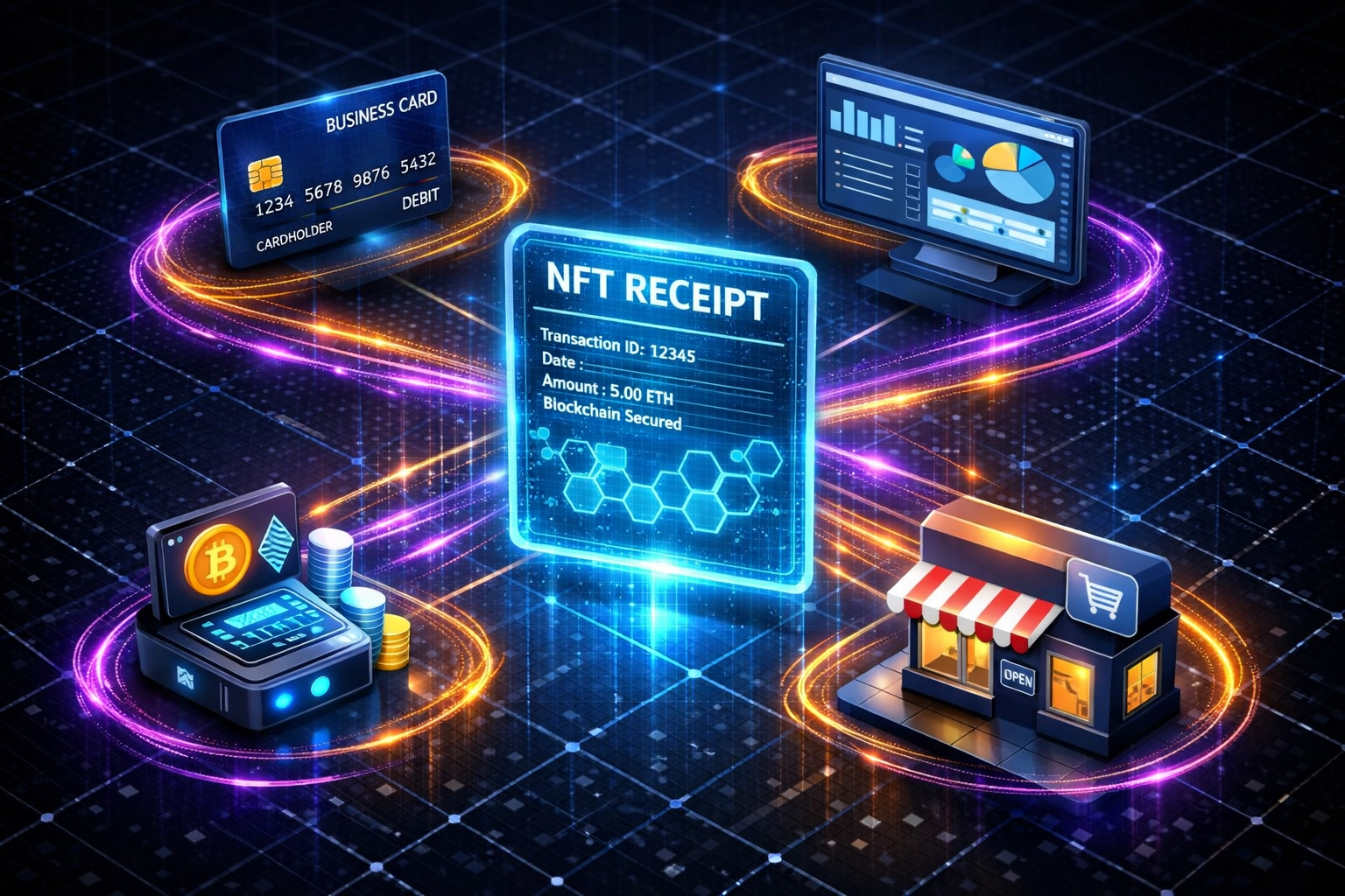 NFT receipt payment ecosystem showing blockchain integration with accounting software and crypto wallets